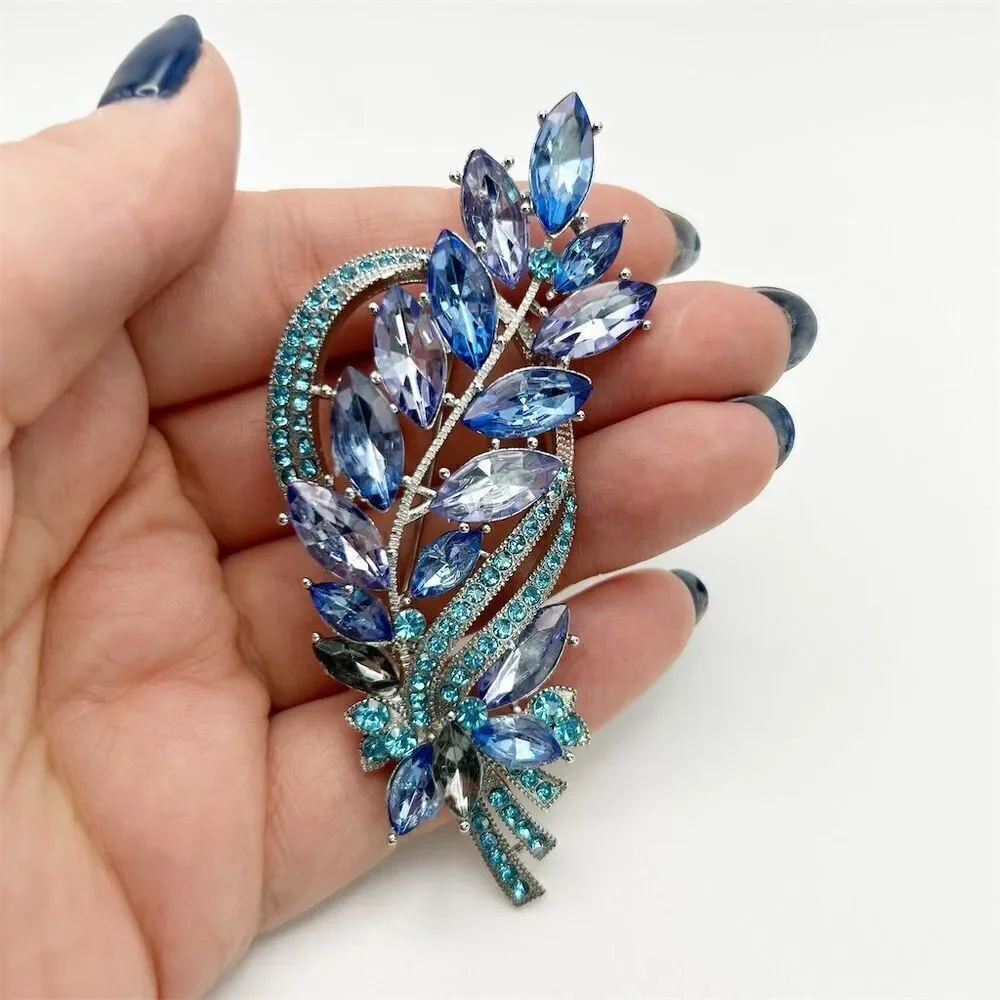 Elegant Blue & Purple Prong Set Rhinestones Large Leaf Brooch Swirl Sparkle